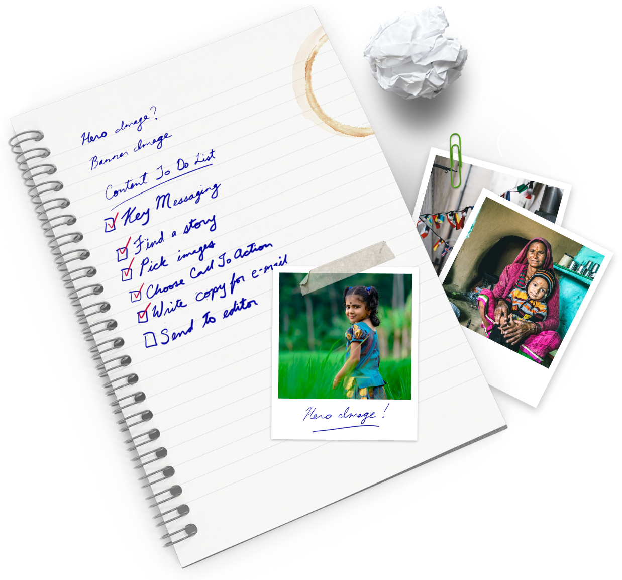 Writing tools, a coffee-stained notebook, some chicken scratch and polaroids